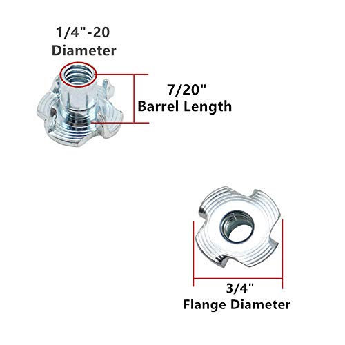 50Pcs 1/4"-20 Tee T-Nuts 4-Pronged Zinc Plated Steel, 7/16" Barrel Length | for Wood, Rock Climbing Holds, Cabinetry