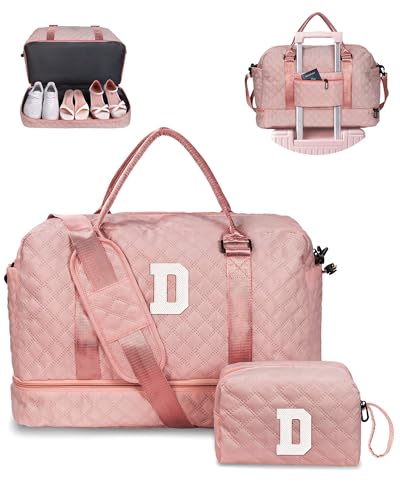 Birthday Gifts for Women-Letter Duffle Bag with Shoe Compartment | Personalized Weekender Bag, Overnight Bags for Women with Trolley Sleeve & Wet Pocket, Travel Bags with Makeup Bag (Letter D) - color: Pink, style: D