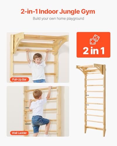 VEVOR Swedish Ladder Wall Gym, 2-in-1 10-Level Indoor Jungle Gym, 220LBS Loading Solid Wood Gymnastic Stall Bars for Kids & Adults, Indoor Playground Climbing Playset with Pull-Up Bar, Wall Ladder - style: 10-Level 2-in-1