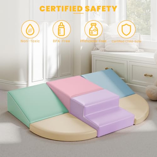 Hoohtoot Foam Climbing Blocks for Toddlers: 6-Piece Soft PU Leather Set - Indoor Climbing and Crawling Toys - Baby Play Gym - Kids Learning Play Structure for Preschool - style: Yellow/Pink