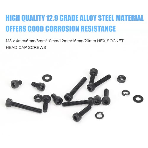 DYWISHKEY 566 Pieces M3 Black Screws, 12.9 Grade Alloy Steel M3x 4/6 /8/10 /12/16 /20mm Hex Socket Head Cap Screws Bolts Nuts Washers Assortment Kit - size: M3, style: Socket Head