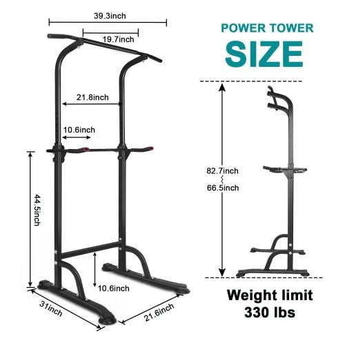 Power Tower Workout Station, Height Adjustable 66.5"-82.7" Multi-Function Dip Stand with 330 LBS Capacity, Pull Up Bar for Home Gym Strength Training, Heavy Duty Steel Frame, Black