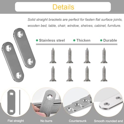 20PCS Straight Brace Brackets 2 Inch Stainless Steel Flat Mending Plates, Repair Fixing Joining Brackets for Wood Furniture with Screws - size: 1.81 inches (20 Pieces)