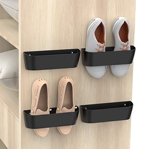 Wall Mounted Shoes Rack 4Pack with Sticky Hanging Strips, Plastic Shoes Holder Storage Organizer,Door Shoe Hangers (SM03-Black-4) - color: SM03-Black-4