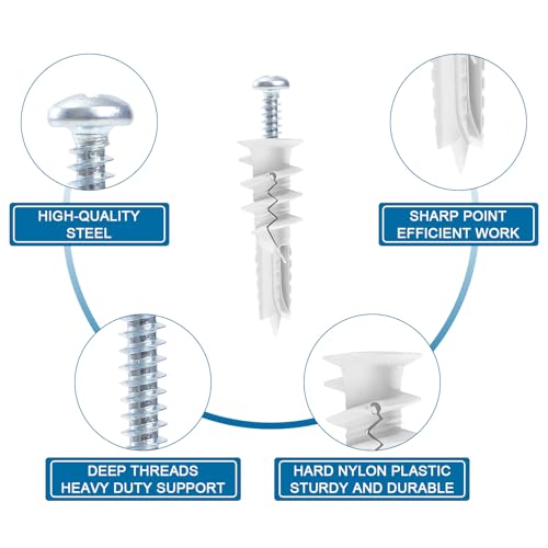 LEYU 140PCS Self Drilling Drywall Anchors and Screws Kit #8 x 1-1/4”, Heavy Duty Sheetrock Anchors for Hanging Shelves,Picture Frames,Curtains, No Pre-Drilling, Plastic Dry Wall Anchors