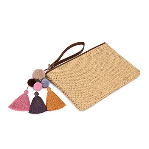Luxury Straw Wristlet Pouch Beach Clutch Bag Small Summer Vacation Purse w. Colorful Pom Poms Tassels for Women - color: Brown