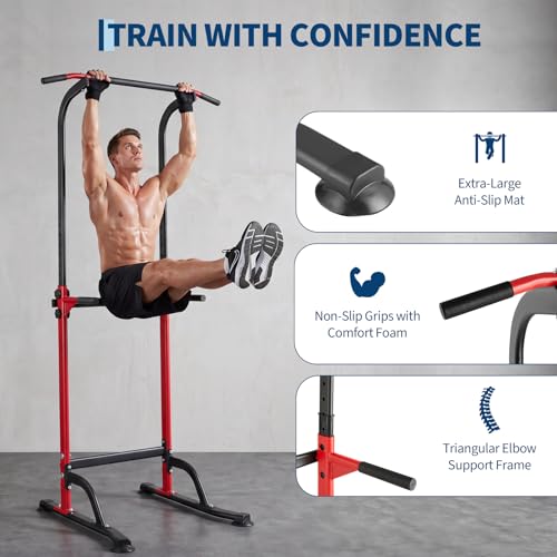Power Tower Pull Up Bar Station - 330 LBS Stable Multi-Function Gym Dip Station for Home Strength Training Equipment - 10 Adjustable Heights Heavy Duty Pull-Up Tower with h-Shaped Base & Push-Up - color: Red
