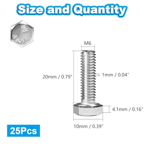 25 Pcs M6 Hex Bolts M6-1.0 x 20mm Hex Head Screw Bolt 304 Stainless Steel M6-1.0mm Hexagon Bolts Hex Head Screws, Metric Machine Fully Thread, Bright Finish - size: M6-1.0 x 20mm