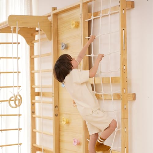 Avenlur Walnut Modular 9-in-1 Swedish Ladder Wall Gym, Kids Climbing Wall | 94.5-Inch Modular Indoor Playground & Jungle Gym: Rock Climbing Wall for Kids, Monkey Bars, Slide, Swing, Rope Net