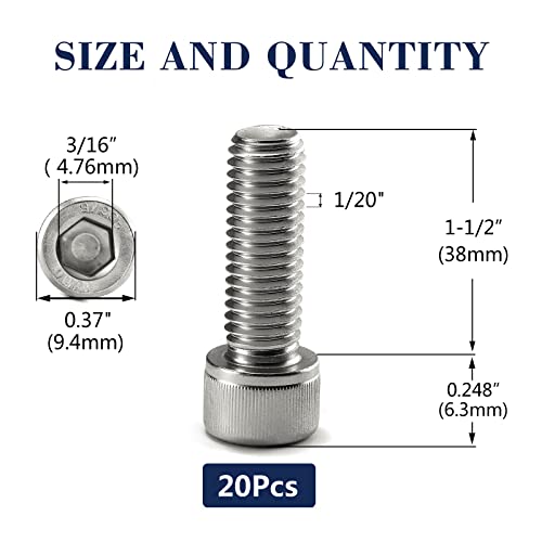 1/4-20 x 1-1/2" Socket Head Cap Screws Bolts, 20Pcs 304 Stainless Steel 18-8, Allen Socket Hex Drive, Full Thread, Bright Finish by SG TZH(with Hex Spanner) - size: 1/4-20 x 1-1/2"