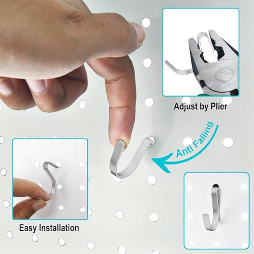 Pegboard J Hooks Silver 80pcs Peg Board Metal Tool Hangers for Garage Craft | 1/4" Pegboard Accessories, Stainless Steel Hooks with A Small Plier, Adjustable J Hook for Slot Panels, Wire Shelving, Racks - style: 80pcs Silver J Hooks