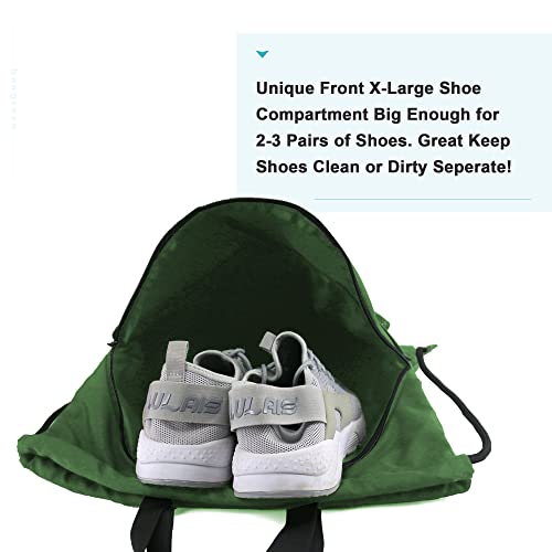 BeeGreen Drawstring Backpack Bag with Shoe Compartment, X-Large Black Gym Sports String Cinch Backpack - color: Dark Green