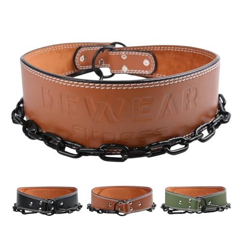 Heavy-Duty Leather Weightlifting Dip Belt with Steel Chain—Weightlifting, Squats, Deadlifts, Weighted pull-ups, Push-ups and Progressive Resistance Training - color: Brown