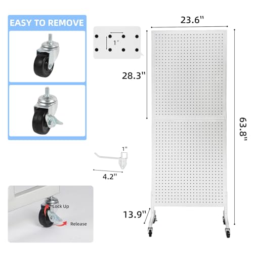 NectaCol 2'x 5' Standing Pegboard Display with T-Base, Pegboard Display Stand with Wheels, Metal Peg Board Display Rack, Art Display Stand, Extra 10 Pieces Hooks - White - size: 1-Pack White