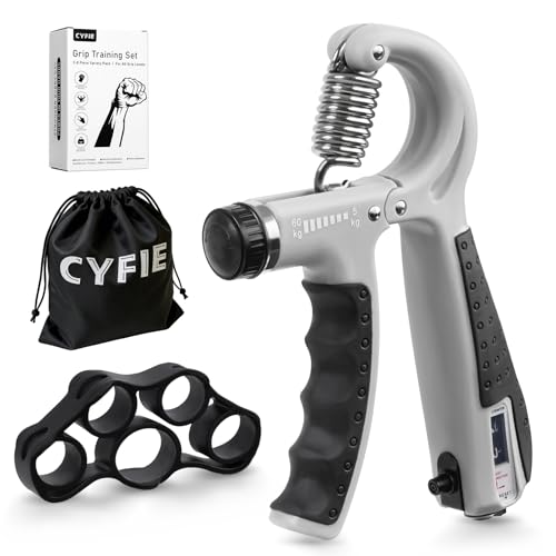 CYFIE Grip Strength Trainer Kit, Adjustable 10-132 lb, Hand Exerciser | Forearm Strengthener, Finger Stretcher, Stress Ball and Bag for Grip Recovery, Wrist Training, Rehab, Climbers and Musicians - color: Gray
