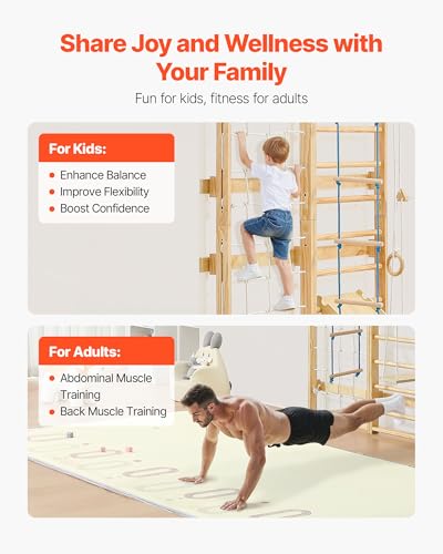 VEVOR Swedish Ladder Wall Gym, 8-in-1 12-Level Solid Wood Gymnastic Stall Bars for Kids Adults, 220LBS Indoor Jungle Gym Playset with Climbing Board, Gym Rings, Pull-Up Bar, Wall Ladder, Slide, Swing - style: 12-Level 8-in-1