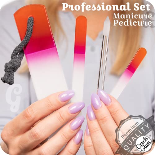 GLADZY Genuine Czech Glass Nail File Set - Callus Remover Foot Rasp, Cuticle Pusher Manicure Stick, Double Sided Etched Different Grit Surface, Professional Nail Care Tool, Made in EU - color: All-in-one Set - Orange Magenta