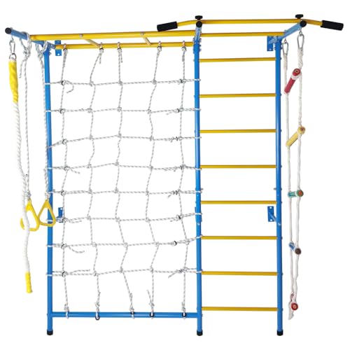 Wall-Mounted Indoor Fitness Station with Pull-Up Bar, Rope Ladder, Monkey Bars, Climbing Wall, Gymnastic Rings and Wall Ladder