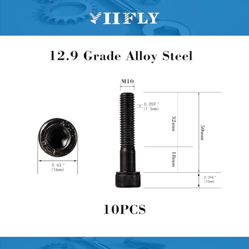 M10-1.5 x 50mm Socket Head Cap Screws, M10x1.5 Bolt, 12.9 Grade Alloy Steel, Allen Socket Drive, Black Oxide Finish, Half Thread, Quantity 10 - size: M10 x 50mm(10PCS)