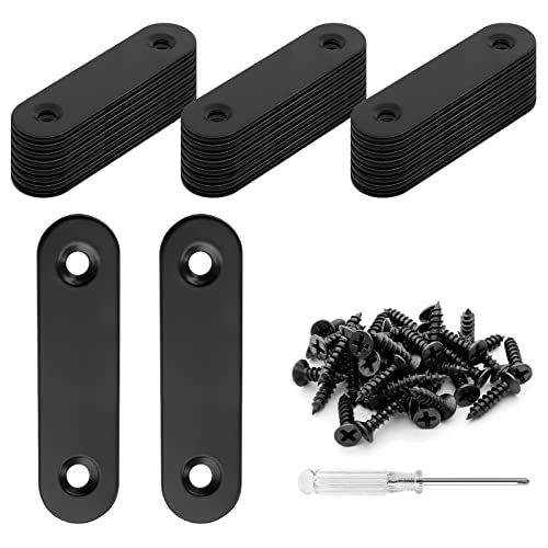 Biaungdo 2.36" Stainless Steel Flat Plate Straight Bracket, Black,20 Sets | Metal Corner Brace Brackets, Mending Repair Plate Brace, With Screws & Screwdriver, For Wood (60mm x 16mm x 2mm) - size: 60x16x2.0mm