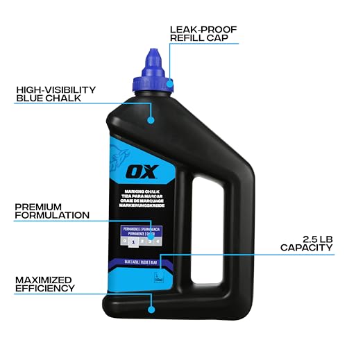 OX Blue Chalk Line Powder 2.5lb - Permanent Marking Chalk Refill | Chalk line refill for chalk reel, weather resistant up to 1 month, fade-resistant, high-contrast blue pigment, nozzle cap - color: Blue