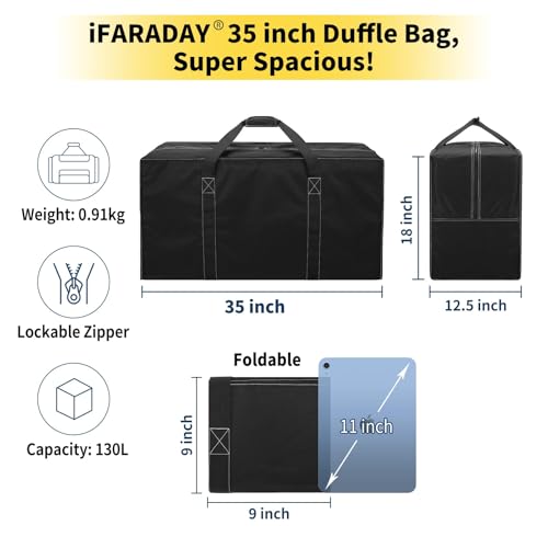 iFARADAY 130L Extra Large Travel Duffle Bag, 35 inch, Black