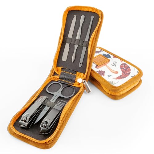 Nail Clipper Set – 7-Piece Portable Manicure & Grooming Kit with Stainless Steel Tools in Neoprene Case – Stay Organized, Purse-Friendly, Travel Essential for Women & Men (Brown Woods) - color: Brown Woods