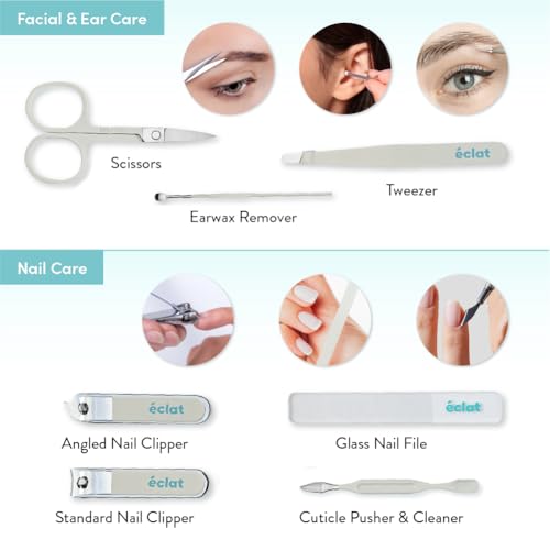 Éclat Manicure Pedicure Kit for Men & Women, 7Pcs Finger & Toe Nail Care Tools Includes Nail Clipper Cutter, Tweezer, File, Cuticle Pusher, Personal Care Professional Grooming Set With Travel Case - color: Mini Mani+pedi Set (7pc Cream)