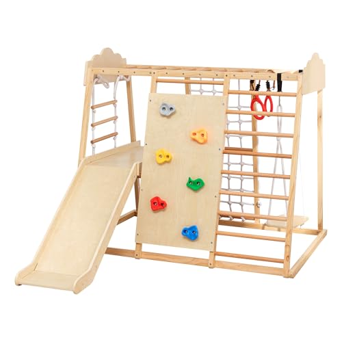 8-in-1 Wooden Indoor Jungle Gym for Toddlers, Montessori Climbing Playset with Slide, Swing, Climbing Net, Rings, Monkey Bars – Indoor Playground for Kids Ages 3-8 - size: 8-in-1