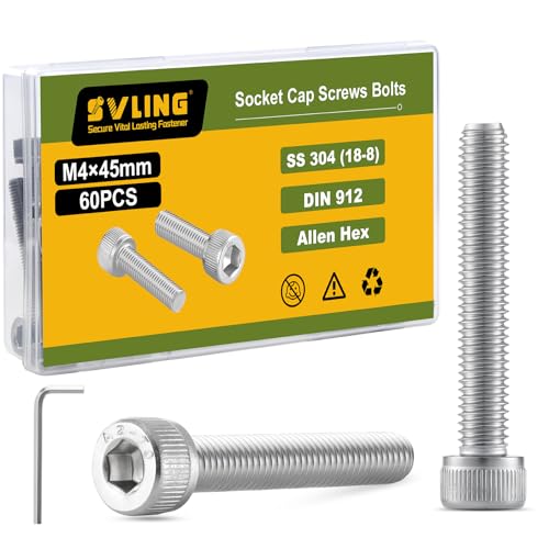 M4-0.7 x 45mm Bolt, 60PCS M4 Hex Socket Head Cap Screws Bolts, 304 Stainless Steel 18-8, Full Threads, Allen Socket Drive, with Hex Spanner - size: M4x45mm