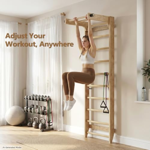 Swedish Ladder Wall Bar with Adjustable Pull-Up Bar | Solid Wood Construction, 10 Pine Rungs, All Ages, for Home, School, Gymnastics Training