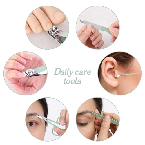 7 Pcs Manicure Set, Travel Nail Clippers with Green Leather Bag, Professional Carbon Steel Travels Nail Care Clippers, 7 in 1 Portable Travel Grooming Kit for Women Men (Green)
