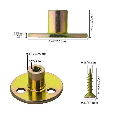 WMYCONGCONG 64PCS 1/4” T-Nuts Brad Hole Tee Nut with Round Base Furniture Hardware Flange Insert Female Thread with Mounting Screws Set - size: 1/4" - 64Pcs