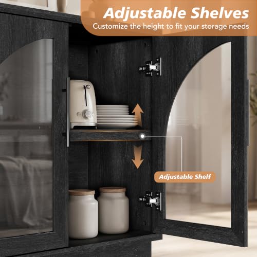 Fatmok Arched Glass Sideboard Buffet Accent Cabinet, 31.5" Display Credenza with Adjustable Shelf,1-Piece Modular Coffee Station Storage for Kitchen Living Room Bedroom, Black Grey - color: D-black Grey