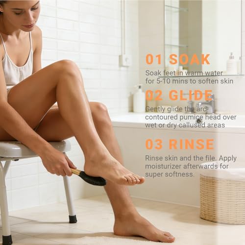 Curved Pumice Stone Foot File 2-Pack with Bamboo Handle | 82mm Contoured Surface for Heels & Toes | Callus Remover for Dry, Cracked Heels & Rough Skin