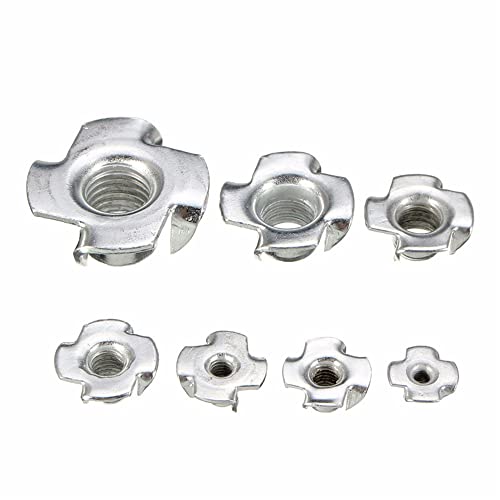 120 Pcs M3 M4 M5 M6 M8 Zinc Plated Carbon Steel T-Nuts Four Claws Nut Assortment Kit for Wood, Rock Climbing Holds, Cabinetry, Furniture
