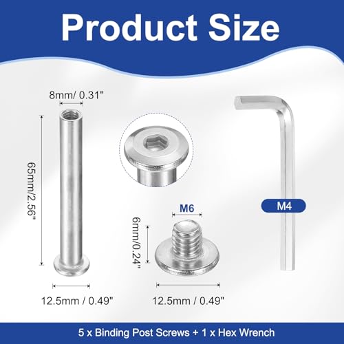 PATIKIL M6x6mm Hex Chicago Screws 8x65mm, 5Pcs 304 Stainless Steel Metric Hex Drive Socket Cap Binding Post Screw Posts for Scrapbook Leather Belt Album Furniture Repair, Silver - size: M6x6mm, 8x65mm
