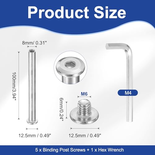 PATIKIL M6x6mm Hex Chicago Screws 8x100mm, 5Pcs 304 Stainless Steel Metric Hex Drive Socket Cap Binding Post Screw Posts for Scrapbook Leather Belt Album Furniture Repair, Silver - size: M6x6mm, 8x100mm