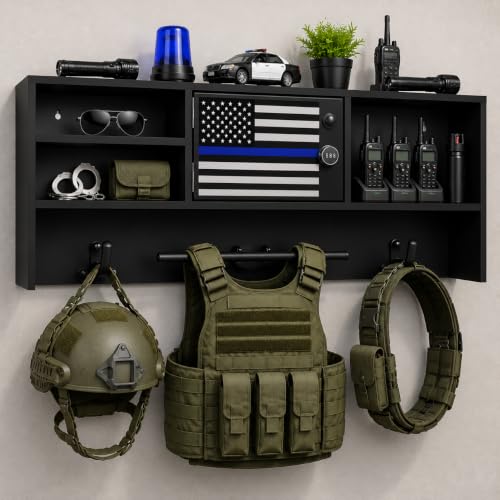 Police Gear Rack with Password Lock Safe & Dual-Hook for Gun Storage | Wall Mounted Tactical Duty Gear Rack Decor with Flag, Heavy-Duty Police Vest Hanger for Vest, Belt & Valuables