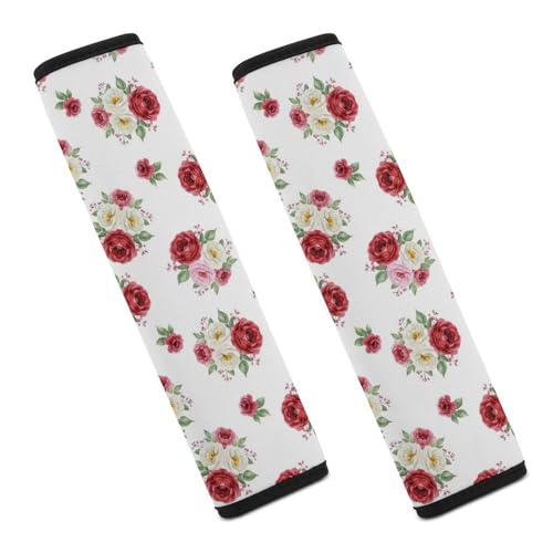 2PCS Soft Padded Car Seat Straps Shoulder Pads for Adult Use, Most Cars, Rose Flowers White Shoulder Protector, Shock Absorption - color: Pattern 396