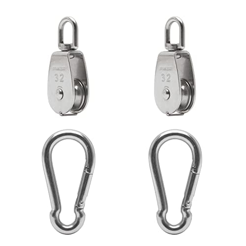 2X 304 Stainless Steel M32 Single Swivel Rope Pulley Blocks with Snap Hooks | 360° anti-twist swivel pulley. For lifting, towing & hanging wire rope on crane/outdoor. Has spring snap hooks for fast fit - size: M32-2pcs