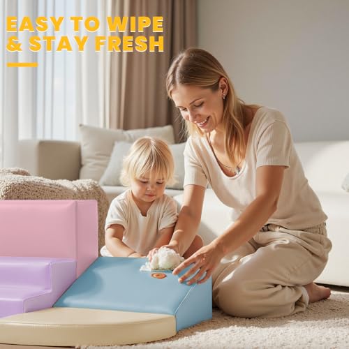 Hoohtoot Foam Climbing Blocks for Toddlers: 6-Piece Soft PU Leather Set - Indoor Climbing and Crawling Toys - Baby Play Gym - Kids Learning Play Structure for Preschool - style: Yellow/Pink