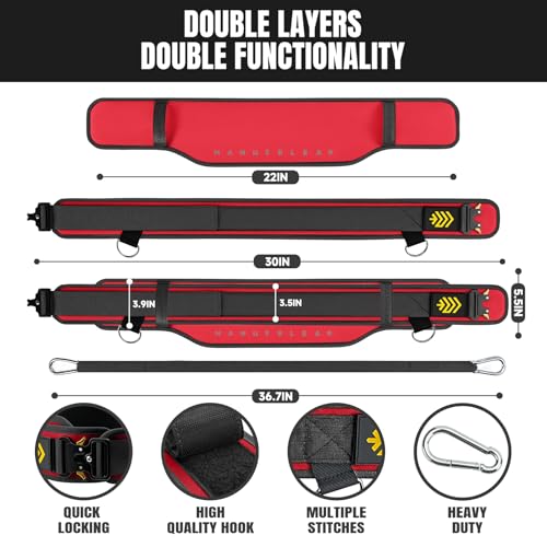 MANUEKLEAR 2-in-1 Weightlifting Belt & Dip Belt with 36.7 IN Rope, Double-Layer Weight Lifting Belts, Powerlifting Gym Weighted Belt for Pull Up Squat - color: Vibrant Red, size: S(26-29in)