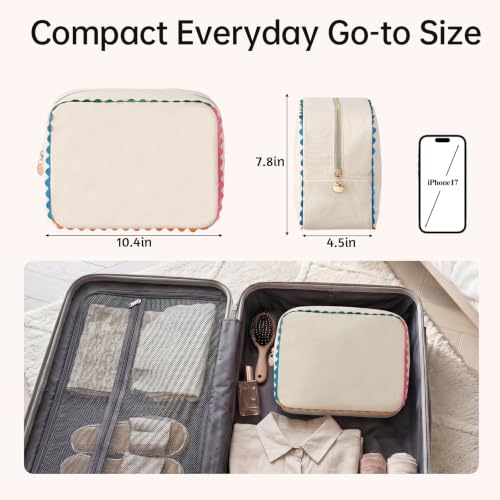 Canvas Makeup Bag for Women | Rainbow Rick Rack Trim,Mahjong Tile Travel Toiletry Organizer,Everyday Use, Beach and Gift for Girlfriend - color: Natural+Rainbow