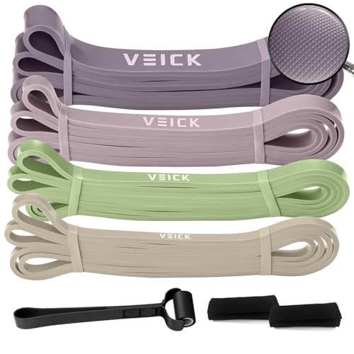 VEICK Pull Up Assist Resistance Bands for Home Gym | 100% Natural Latex, Non Slip Leather Texture, Space Saving, Versatile for Full Body Training, Home Gym - color: Green/Purple Set of 4 + Hand Grip Pads