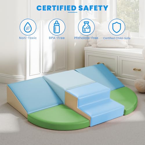 Hoohtoot PU Leather Foam Blocks for Toddlers: 6-Piece Indoor Climbing Play Set - Soft Climbing and Sliding Blocks - Baby Learning Gym - Toddler Activity Structure for Preschool - style: Blue/Green