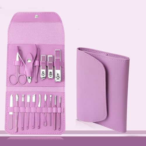 Manicure Set Professional Nail Clippers Pedicure Kit, 16 pcs Stainless Steel Nail Care Tools Grooming Kit with Luxurious Travel Leather Case - color: Purple