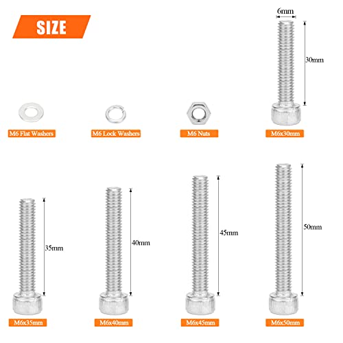 HELIFOUNER 80 Pieces M6 x 30mm /35mm /40mm /45mm /50mm, Hex Socket Head Cap Metric Screws Bolts Washers Nuts Kit, 304 Stainless Steel - size: M6 x 30/35/40/45/50mm