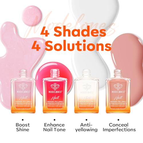 Modelones Nail Strengthener Kits, Milky White Glitter Pink Nude Nail Polish | Nail Repair for Damaged Nails Strengthener and Growth for Thin Weak Damaged Nail Toenails Care Kit Women 4 Pcs Gifts Sets - color: D1-White Pink Nude