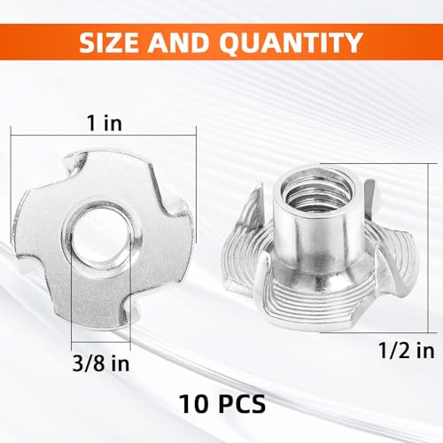 3/8"-16 T-Nut, 7/16" Barrel Length, 304 Stainless Steel Threaded Insert, 4-Pronged Tee Nut for Wood, Rock Climbing Holds, Cabinetry, Furniture, 10 PCS - size: 3/8"-16